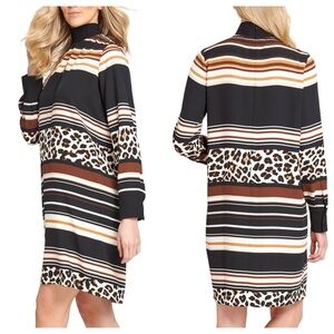 DKNY Dress Animal Print Mock Neck Long Sleeves Brown Black Women’s Size Medium